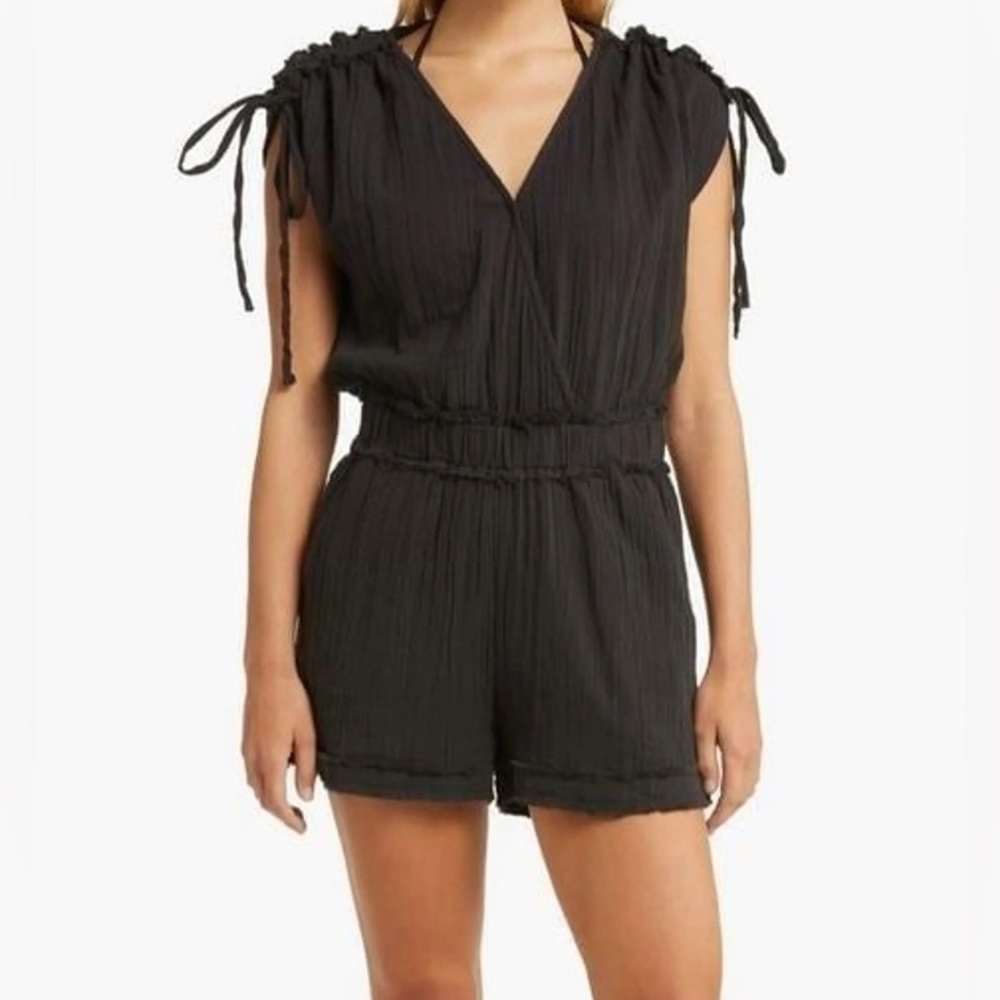 ELAN LG Black Cotton Muslin Gauzy Short Sleeve Romper Beach Cover Up